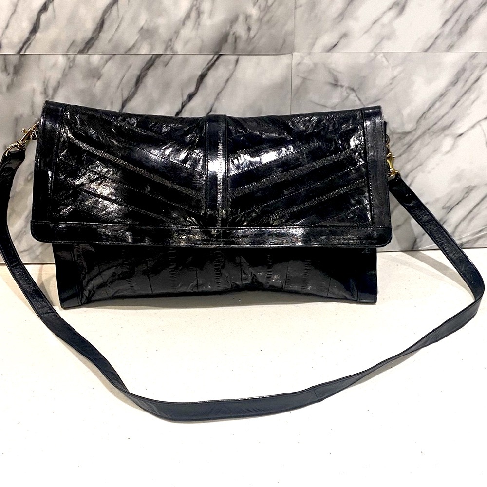 Real Black Eel skin vintage leather bag - Picture 3 of 6